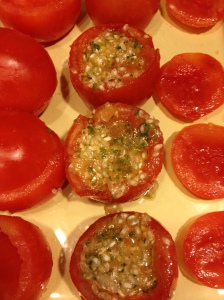 The stuffed tomatoes prior to roasting